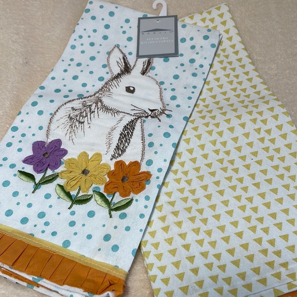 Domain Set of Two Kitchen Towels - Embroidered Bunny design w/ Ribbon Lace Trim